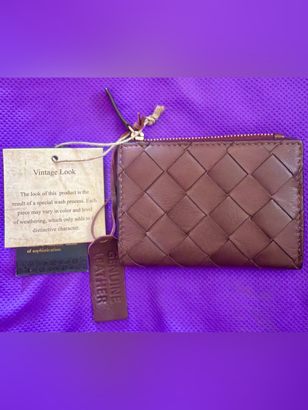 Woven Zip Wallet - Brown Genuine Leather